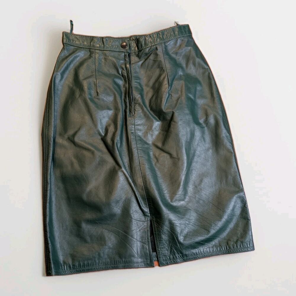 Gianni Women Leather Skirt Sz 9/10 Dark Green Pencil Midi Vintage 90s Y2K Grunge